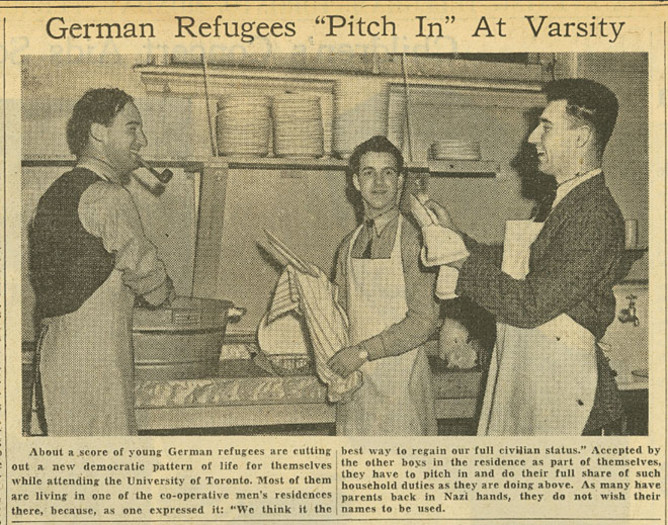 Newspaper image of three young men wearing aprons and washing dishes.