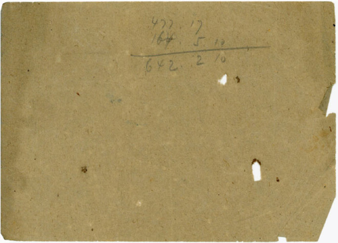 Piece of thin brown toilet paper from the S.S. Ettrick, with pencil writing and holes.